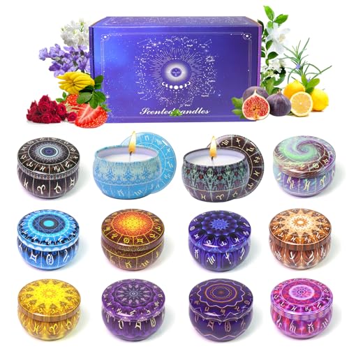Zodiac Scented Candles Gift Set, 12 Pack Travel Size Soy Wax Aromatherapy Candles with Essential Oils, Astrology Constella...