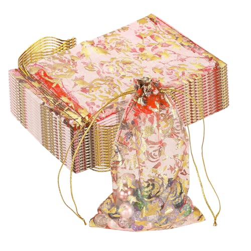 PATIKIL Organza Jewelry Gift Pouch, (4.7 x 3.5 Inch, Red) (50 Pcs) Gold Rose Drawstring Mesh Candy Pouch Mini Wedding Favo...