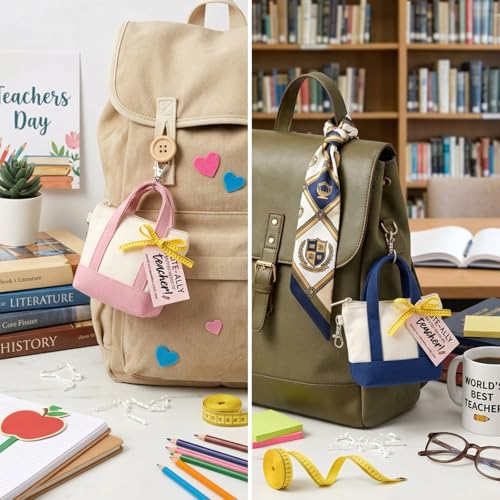 Sunnymove 6 Sets Mini Tote Bag Keychain for Teacher Appreciation Mini Canvas Bag Keychain with Tag Ribbon Raffia Thank You...