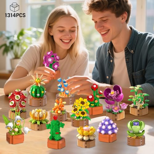 HOGOKIDS 15 Pack Flowers Succulents Mini Building Set for Adults Kids - Gift for Mothers Day, Flower Plant Botanical Colle...