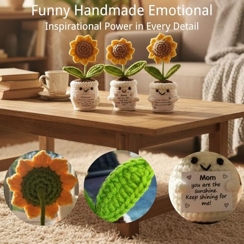 Positive Crochet Sunflower Gift Set of 3 with Message Cards – Emotional Support Handmade Flower, Thank You Appreciation Fa...
