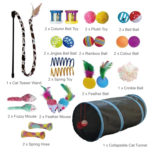 PetLike 25pcs Interactive Cat Toys Set Collapsible Cat Tunnel Interactive Feather Teaser Wand,Spring Toys & Balls for Indo...