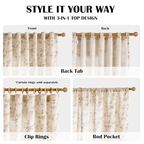 Lazzzy Taupe Floral Linen Curtains 84 Inch Farmhouse Curtain Back Tab Drapes for Living Room Bedroom Light Filtering Vinta...