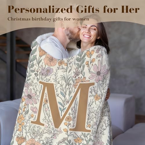 JXREQ Throw Blanket Initial Letter M Personalized Monogrammed Gifts for Women Teen Girls Frends, Boho Floral Throw Blanket...