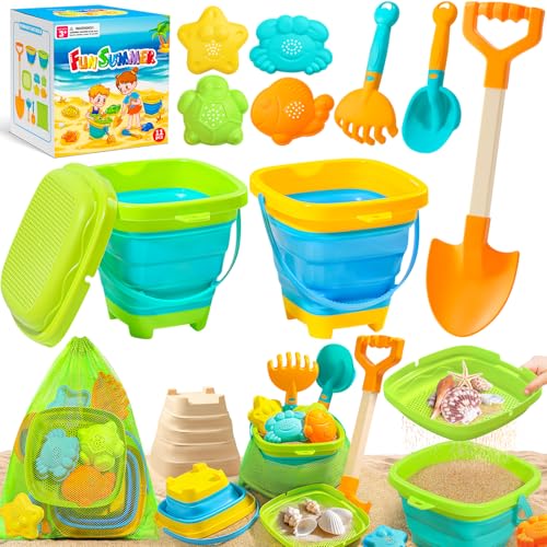 DUDUCOFU Collapsible Beach Sand Toys for Kids Toddlers, Collapsible Sand Bucket with Sifter Shovels Set with Mesh Bag and ...