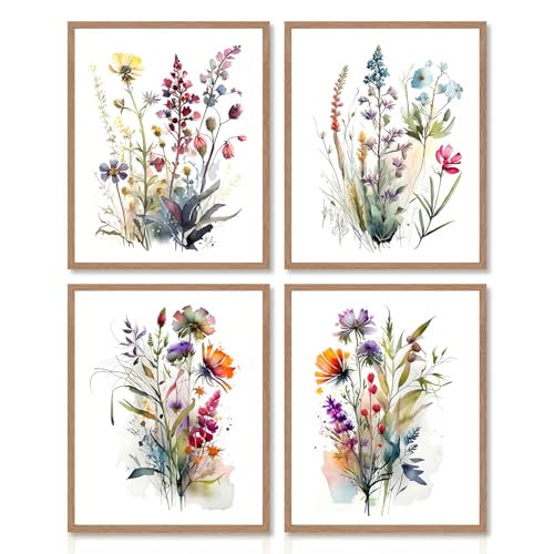 Dazzlewall 4 pcs Watercolour Wall Art Print, Colourful Floral Botanical Artwork Print, Minimalist Wall Decor for Bedroom L...