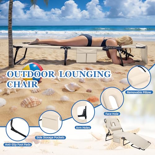 Ahsuname 3-in-1 Sun Tanning Chair with Face Holes, Folding Chaise Lounge Chairs, 5-Position Adjustable Lounge Chair Outdoo...