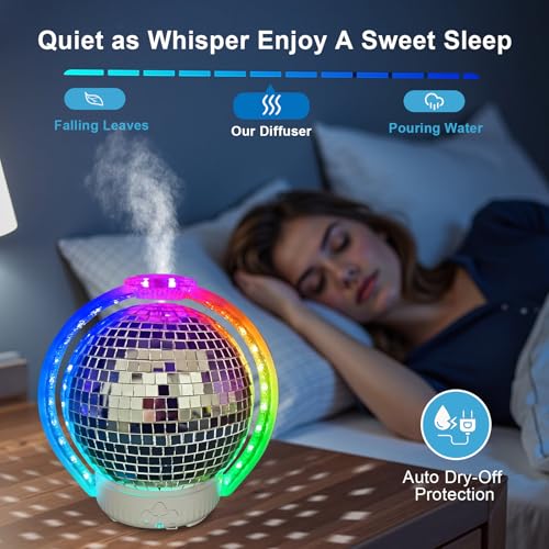 Rotating Disco Ball Diffuser, Mirror Ball Cute Diffuser with RGB Color Night Light, 2Timer Seting & 3 Light Mode Mirror Es...