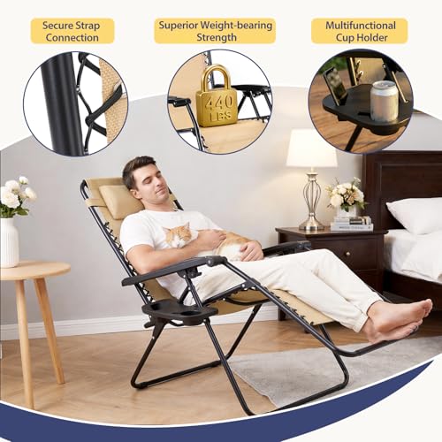 Sweetcrispy Zero Gravity Chairs, Set of 2 Portable Recliner Beach Camping Patio Outdoor Folding Lounge Chair with Cup Hold...