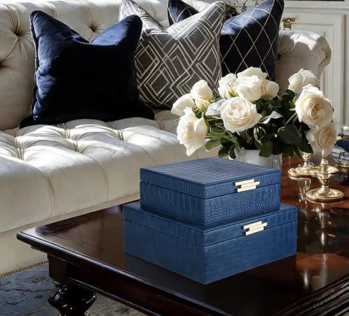 HofferRuffer Square Decorative Boxes, Set of 2 Nesting Storage Memory Keepsake Boxes with Lids, Stylish PU Leather Trinket...