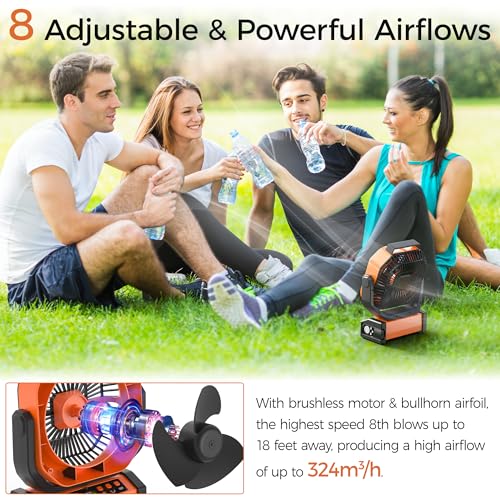 Camping Fan with Light - 20000mAh Rechargeable Battery Fan, 112Hrs Max Run Time, 8 Speeds, Digital Display, Timer, Auto Os...