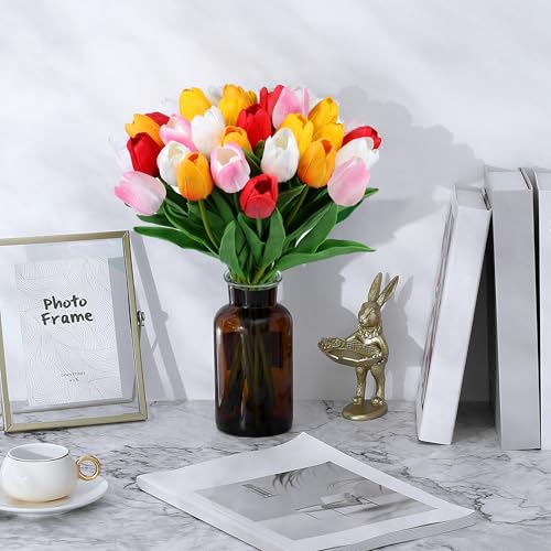 SITUMEIZI Fake Flowers Tulips Artificial Flower 15pcs Real Touch PU 14" for Spring Easter Home Kitchen Wedding Bouquet Bul...