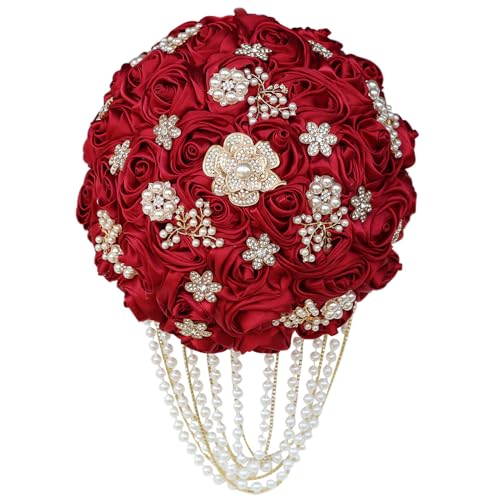 TUAGYMKR Handmade Satin Rose Water Drop Bridal Bouquet,8.7inch Crystal Wedding Round Tossing Bouquet,Jewelry Proposal Brid...