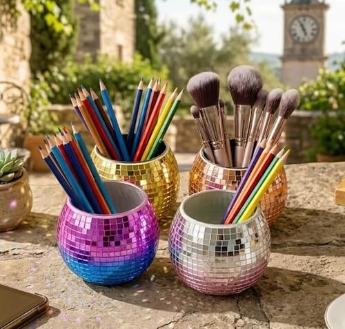 KAKUKAKU Disco Ball Makeup Brush Holder & Pen Cup - Fun Desk Accessories for Office, Cute Aesthetic Room Decor, Unique Gif...