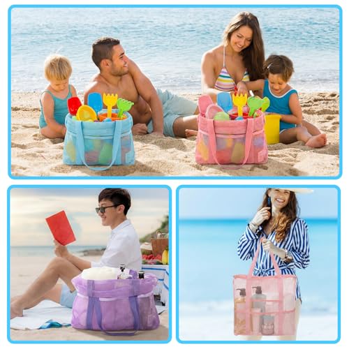Kinlop 8 Pcs Mesh Beach Bag, Large Beach Tote Bags with Zipper, Waterproof Sandproof with 8 Pockets for Family Travel Vaca...