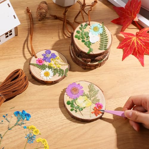Maasechs 20 Set Spring DIY Wooden Crafts with Dried Pressed Flowers Leaves Unfinished Wood Slices Hanging Ornaments for Ar...