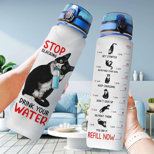 GEPOSTORE Funny Cat Hydration Water Bottle 32oz with Time Marker, Cute Cat Mom Gift for Women, Reusable Daily Motivation D...