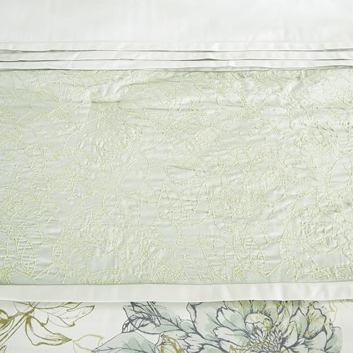Chezmoi Collection Rosaline 7-Piece Floral Botanical Comforter Set King - Floral Embroidery Soft Green Gray Floral Printed...