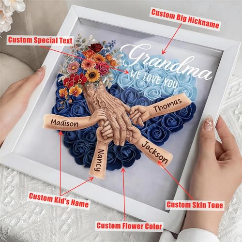 Custom Mom Flower Shadow Box with Kids Names, Mommy Holding Hands Flower Frame, Personalized Gifts for Mom from Daughter S...