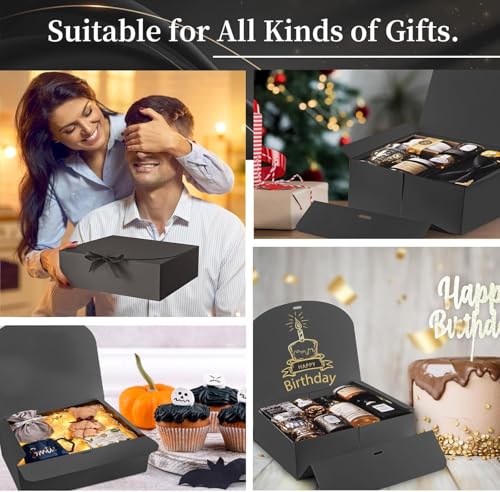 Ocmoiy 12 Pack Gift Boxes with Lids, 10.6x7.8x3.1 Inch Black Paper Gift Box with Ribbon, Bridesmaid Proposal Box for Weddi...