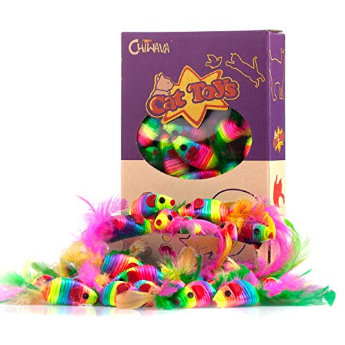 CHIWAVA 24PCS 5" Rattle Cat Toys Mice with Feathers Rainbow Rope Mouse Kitten Interactive Toy Assorted Color