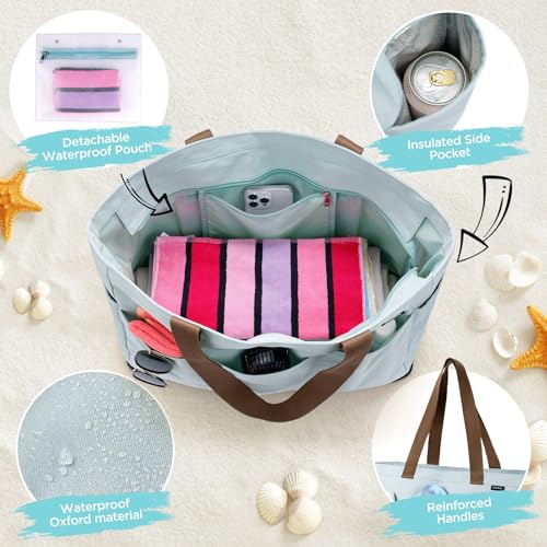 GAGAKU XL Beach Bag with Zipper & Cooler Compartment, Sand-Proof Foldable Large Tote Bag for Cruise, Travel, Family, Women