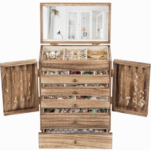 Emfogo Wooden Jewelry Box for Women, 6-Tier Large Jewelry Organizer Boxes with Mirror Rustic Solid Wood jewlery Storage Di...