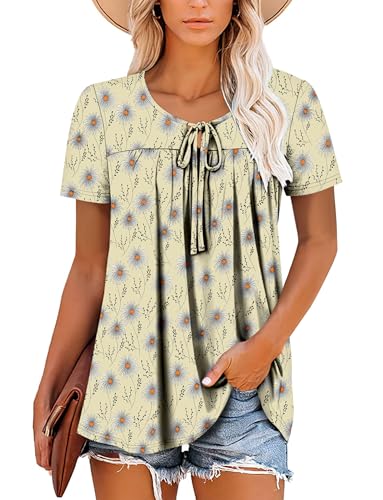 BETTE BOUTIK Womens Summer Tops Corded Short Sleeve Tunic Shirts Pleated Crewneck Corded Tops Blouses S-3XL