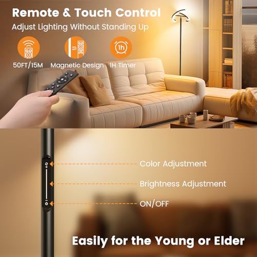 SIBRILLE LED Floor Lamp - Rotatable Standing Lamp with Touch & Remote Control, 3000-6000K, 22W Modern Floor Reading Light,...