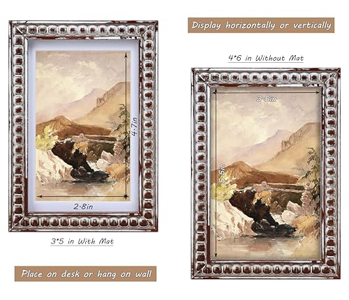 Gdfmsc 4x6 Rustic Picture Frame with Mat for 3x5, Decorative Distressed Beaded Wooden Real Glass, Vertical or Horizontal D...