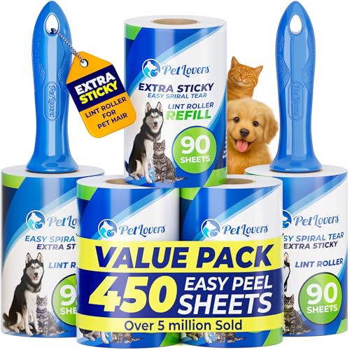 PetLovers Extra Sticky Lint Roller Mega Value Set 450 Sheets for Pet Hair Removal and Clothes, Dog and Cat Lint Remover 5 ...