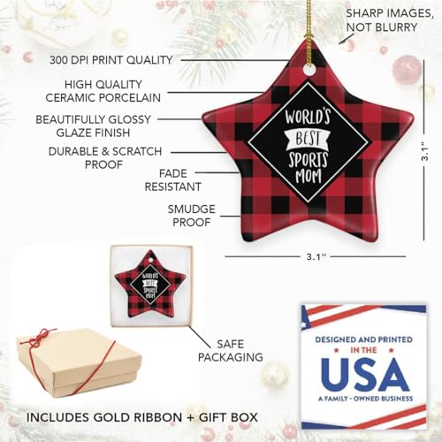 Andaz Press Star Ceramic Porcelain Christmas Tree Ornament Keepsake Gift, World's Best Sports Mom, Plaid, 1-Pack, Birthday...