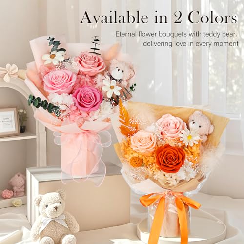 Preserved Flowers Bouquet with Bear, 3 Real Forever Flowers for Delivery, Long-Lasting Pink Eteranl Roses Bouquet, Mothers...