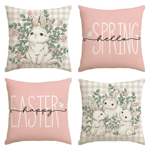 AVOIN colorlife Happy Easter Buffalo Plaid Rabbit Pink Throw Pillow Cover, 20 x 20 Inch Eucalyptus Leaves Hello Spring Cus...