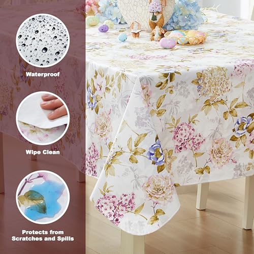 Newbridge Avery Garden Blooms and Buds Vinyl Rectangle Tablecloth, Hydrangea Pink Floral 60 x 102 Inch Flannel Backed Tabl...