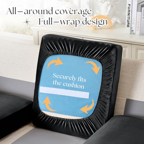 Cobedzy Black Velvet Stretch Couch Cushion Cover, Soft Sofa Seat Cushion Covers, Sofa Cushion Slipcover with Elastic Botto...