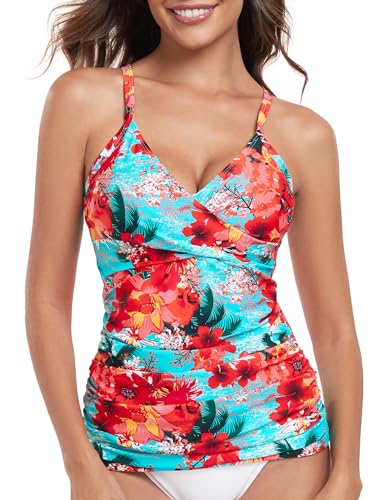 RELELCIGA Women’s Tankini Top V Neck Ruched Tummy Control Bathing Suit Top