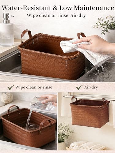 Panovox Hand Woven Baskets for Storage, 4Pcs Water-Resistant Wicker Baskets, Brown Wicker Storage Baskets for Shelves, Lar...