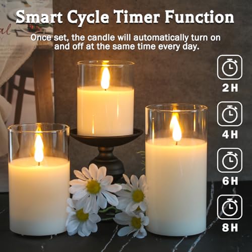 LEDHOLYT Rechargeable Flameless Glass Pillar Candles–Mothers Day Gifts,–Set of 3, Realistic Flickering LED Light,Remote & ...