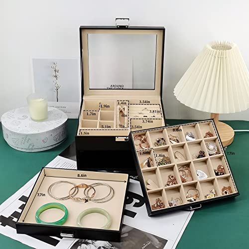 BOOVO Clear Lid Jewelry Box,3 Layers Jewelry Organizer Large Multi-Functional Jewelry Storage Box with 2 Drawers,Jewelry D...