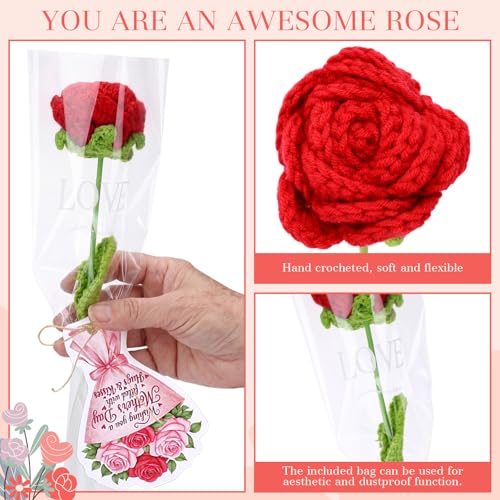 Rivvlive 12 Sets Mother Gift Crochet Flowers Bouquet Handmade Knitted Roses Red and Pink Artificial Rose with Greeting Car...