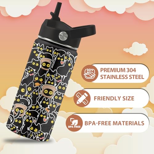 FAIVHSO Cat Gifts for Boys Girls, 16 oz Water Bottle with Straw Lid, Stainless Steel Insulated Tumbler, Cute Cats Water Bo...