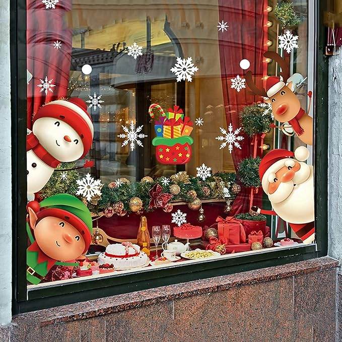 82 Pcs Christmas Snowflake Window Clings, Reusable Glass Decals With Santa Claus And Reindeer For Indoor Holiday Party Decor