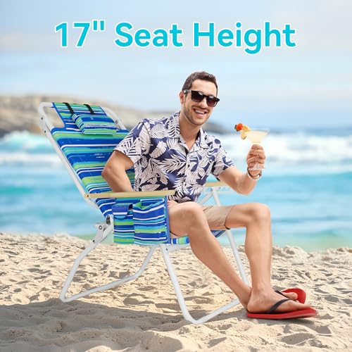 Tall Beach Chairs for Adults, 17" High Backpack Beach Chair with Wooden Armrests, 5 Positions Reclining Heavy Duty Chair w...