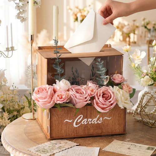 AceOrbit Wooden Rustic Wedding Card Box for Reception with Acrylic Window & Flower Holder, 9.8" Wood Money Gift Card Box w...