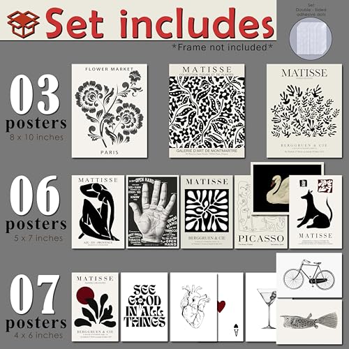 LANCHI95 16 PCS Black and White Home Decor, Eclectic Wall Art, Minimalist Posters for Living Room Aesthetic, Matisse Abstr...