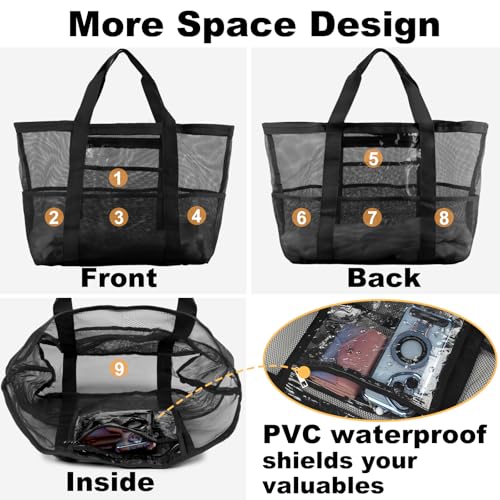 CaCTOUR Mesh Beach Bag,Large Beach Bags for Women with 8 Pockets,Packable Tote Bag for Beach Cruise Pool Vacation Essentials