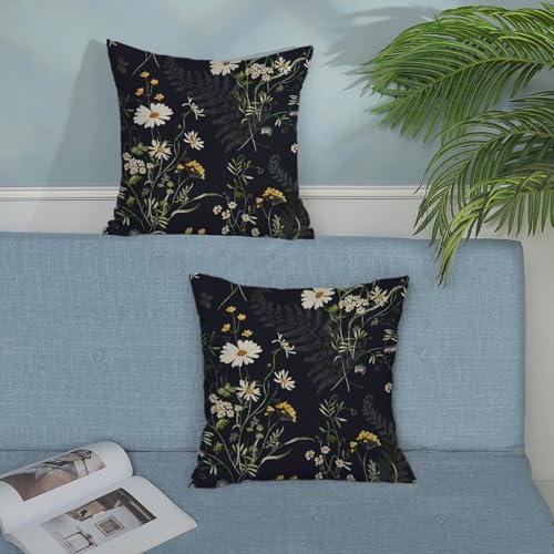 GOLIANDA Black Pillow Covers 18x18 Inch Set of 2 Sage Green Spring Floral Throw Pillows Botanical Wildflower Summer Outdoo...
