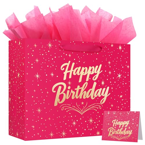 BeiLaad 13" Pink Happy Birthday Gift Bag with Greeting Card and Tissue Papers, Happy Birthday Bag for Women Girls Party, G...