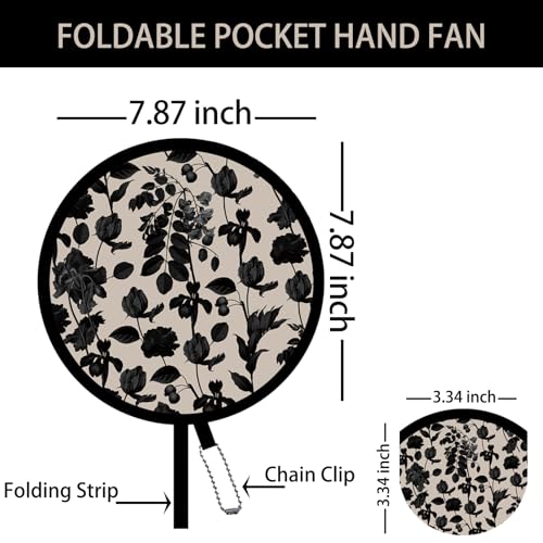 SUJJY 4 Pack Elegant Black Plant Foldable Hand Fans, Versatile Round Handheld Fans for Travel, Events, Indoor and Outdoor...